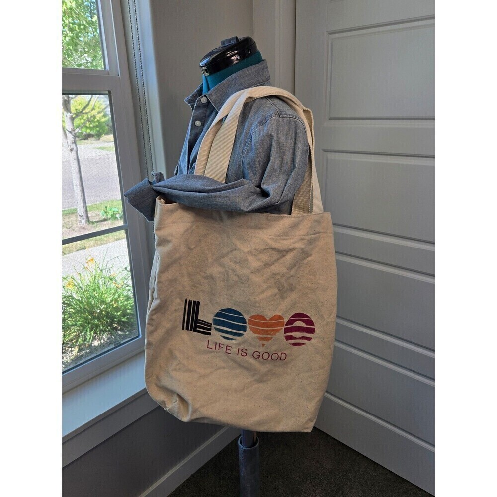 LIFE IS GOOD LOVE BEIGE COTTON CANVAS TOTE BAG LOVE GRAPHIC UNISEX OS REUSABLE
